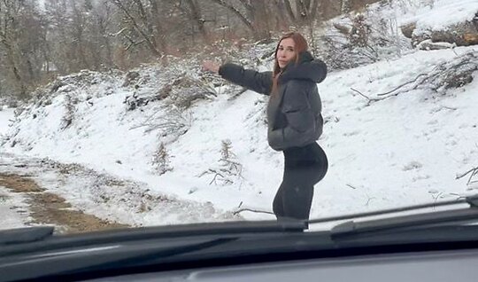 Red-haired with big tits gave herself to a pickup artist